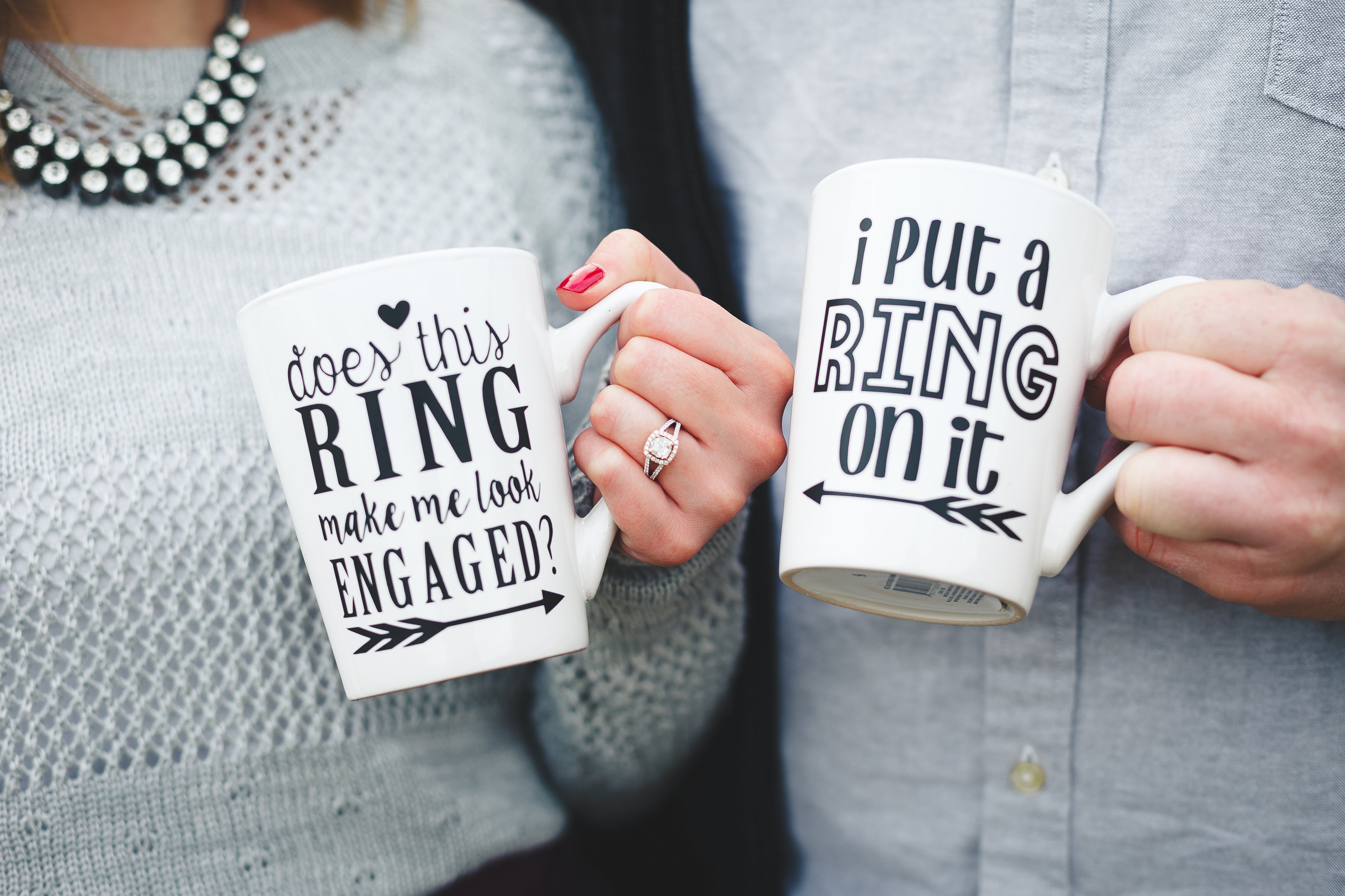 An instagram engagement announcement with personalized cups.