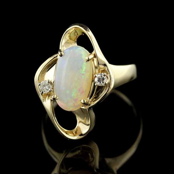 14K Yellow Gold Opal and Diamond Ring - Vintage Opal Ring