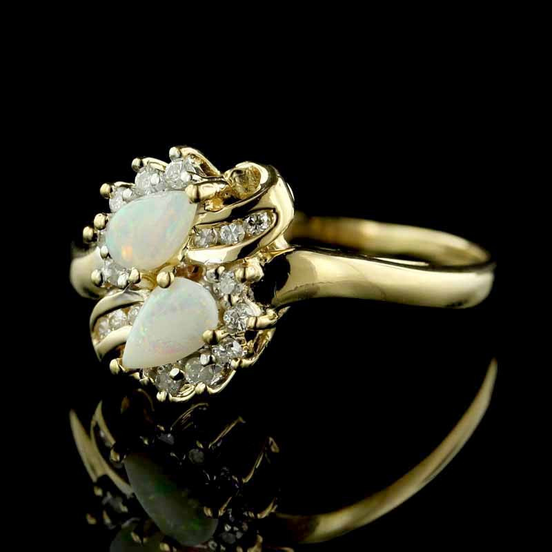 14K Yellow Gold Opal and Diamond Ring - Vintage Opal Ring
