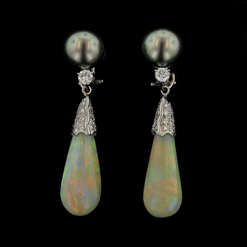 18K White Gold Tahitian Pearl, Opal and Diamond Earrings