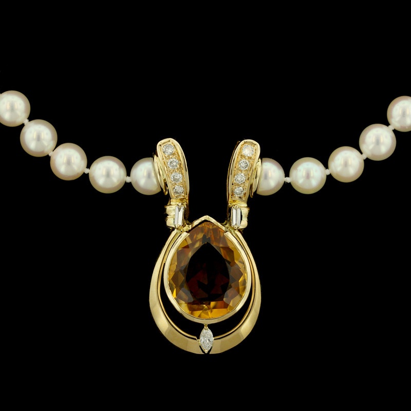 18K Yellow Gold, Citrine, Pearl and Diamond Necklace