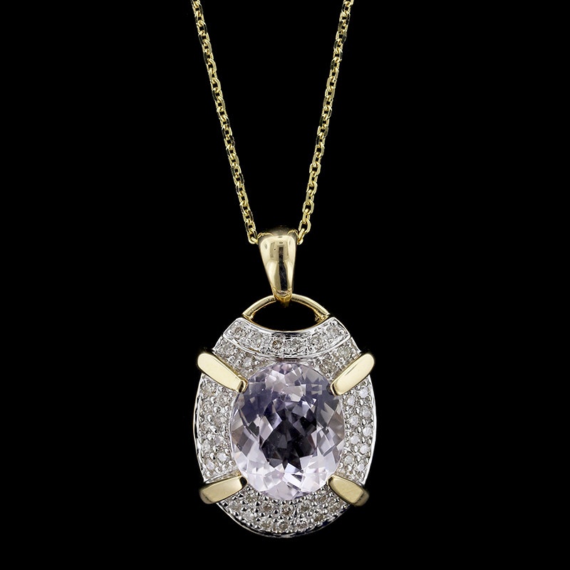 14K yellow gold kunzite and diamond pendant 