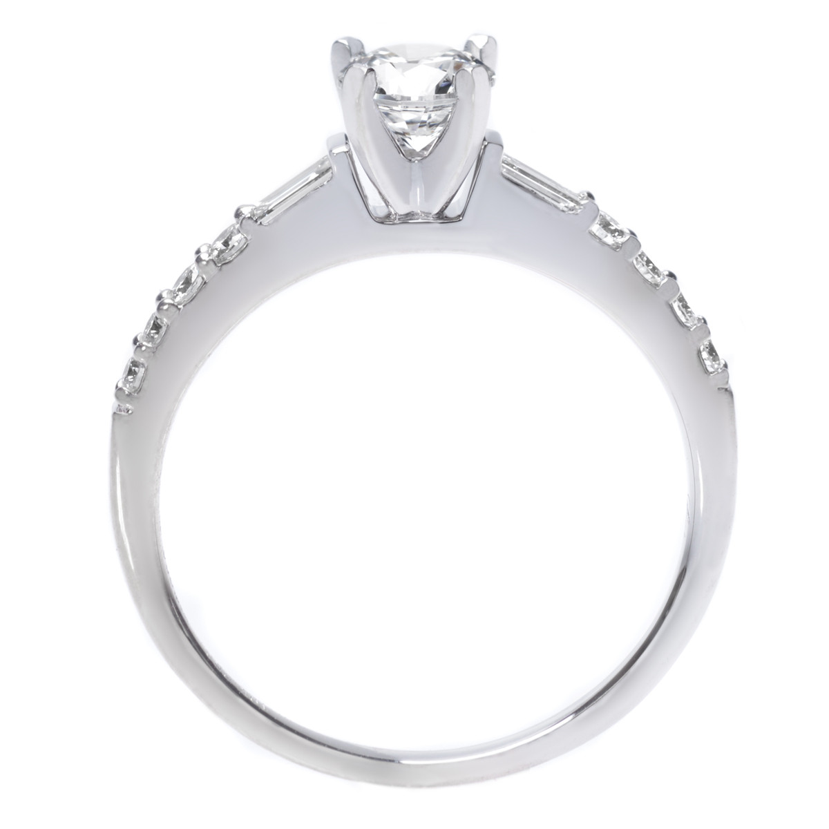 18K White Gold Baguette and Round Cut Diamond Engagement Ring