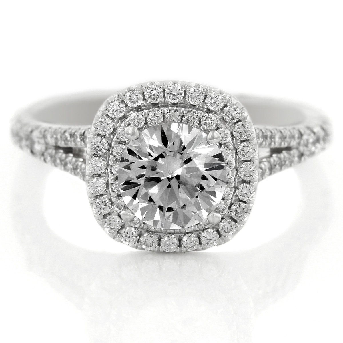18K White Gold Split Shank Double Diamond Halo Engagement Ring