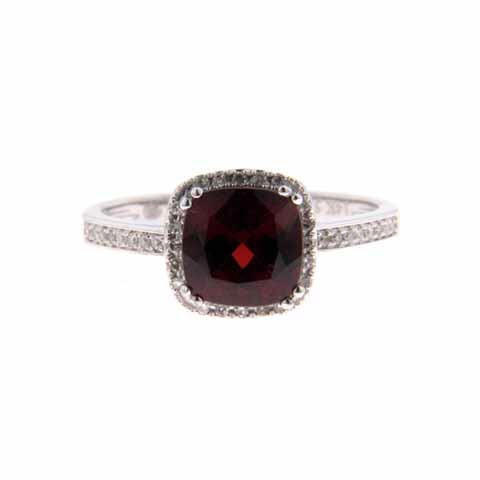 14K White Gold Cushion Garnet Ring w/ Diamonds 