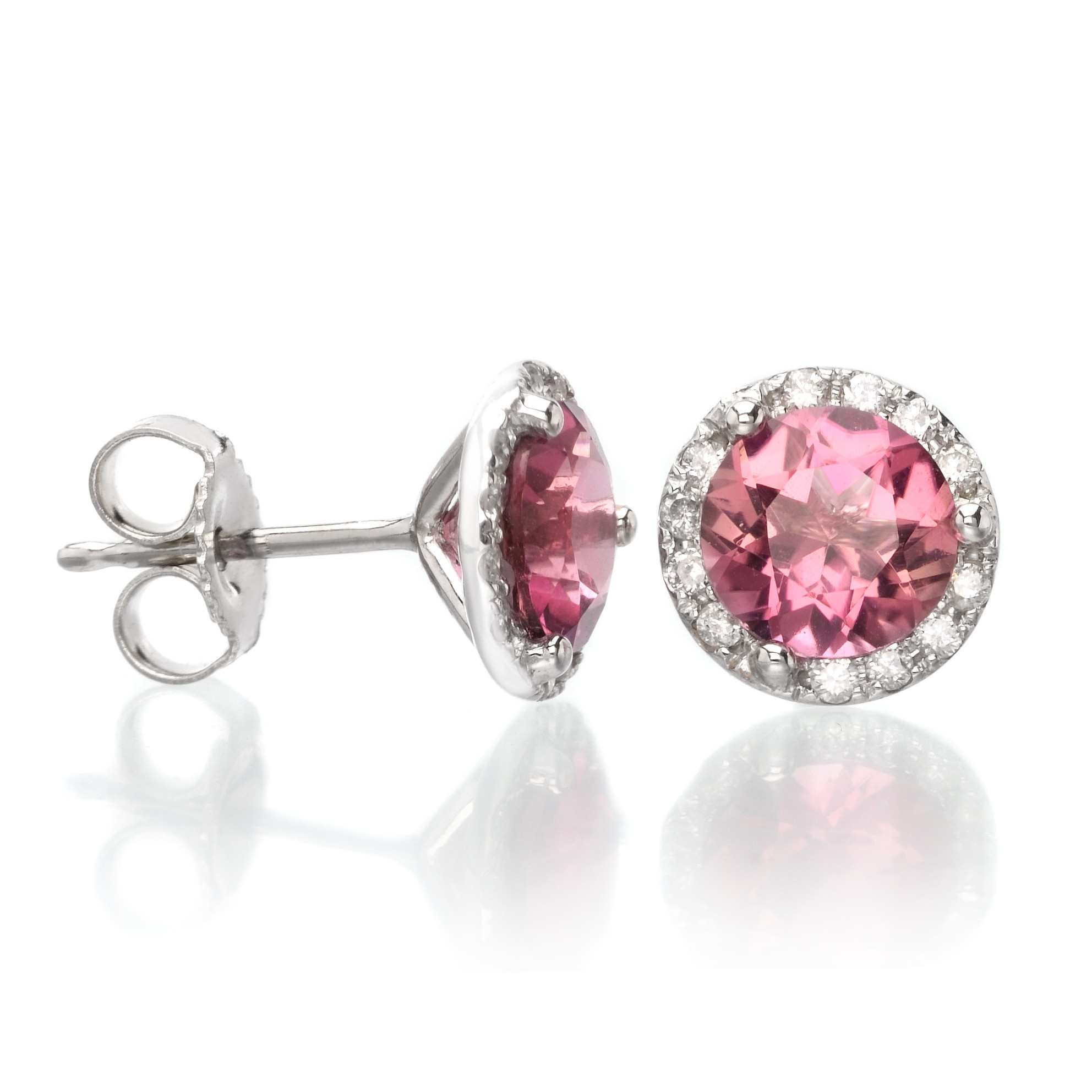 14K White Gold Diamond Halo Pink Tourmaline Studs