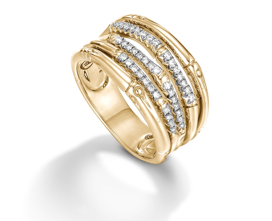 John Hardy Bamboo Ring with Diamonds in 18K Yellow Gold