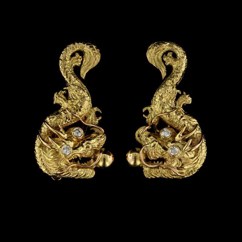 Vintage 18K Yellow Gold Diamond Dragon Earrings