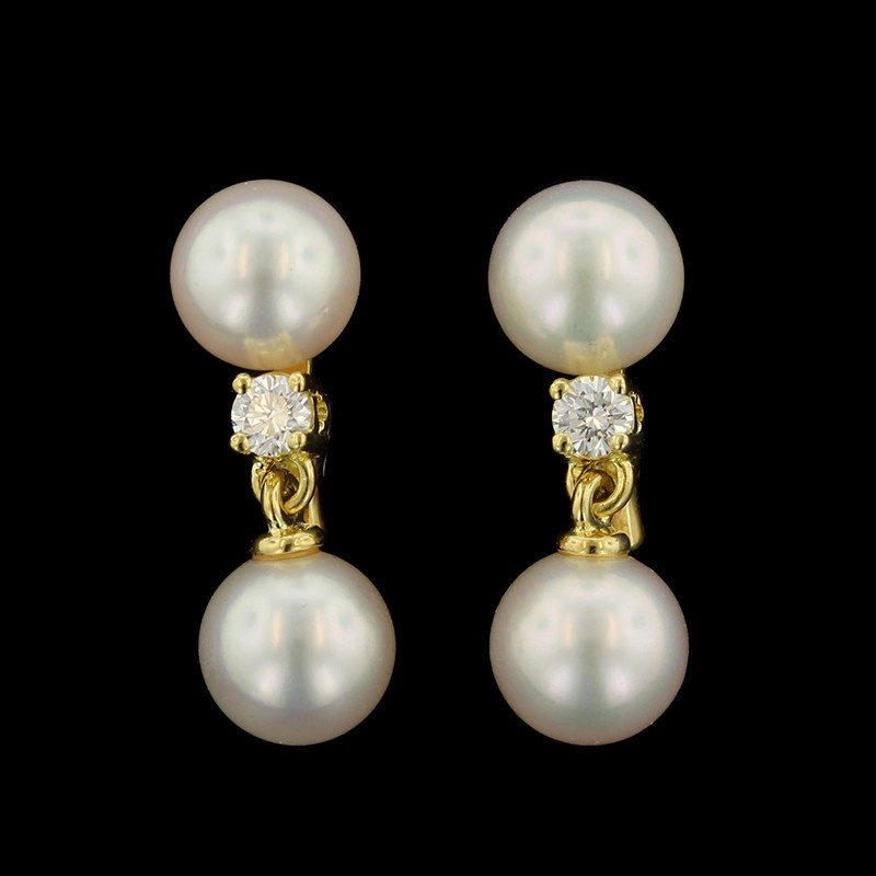 Mikimoto 18K Yellow Gold Cultured Pearl and Diamond Earrings