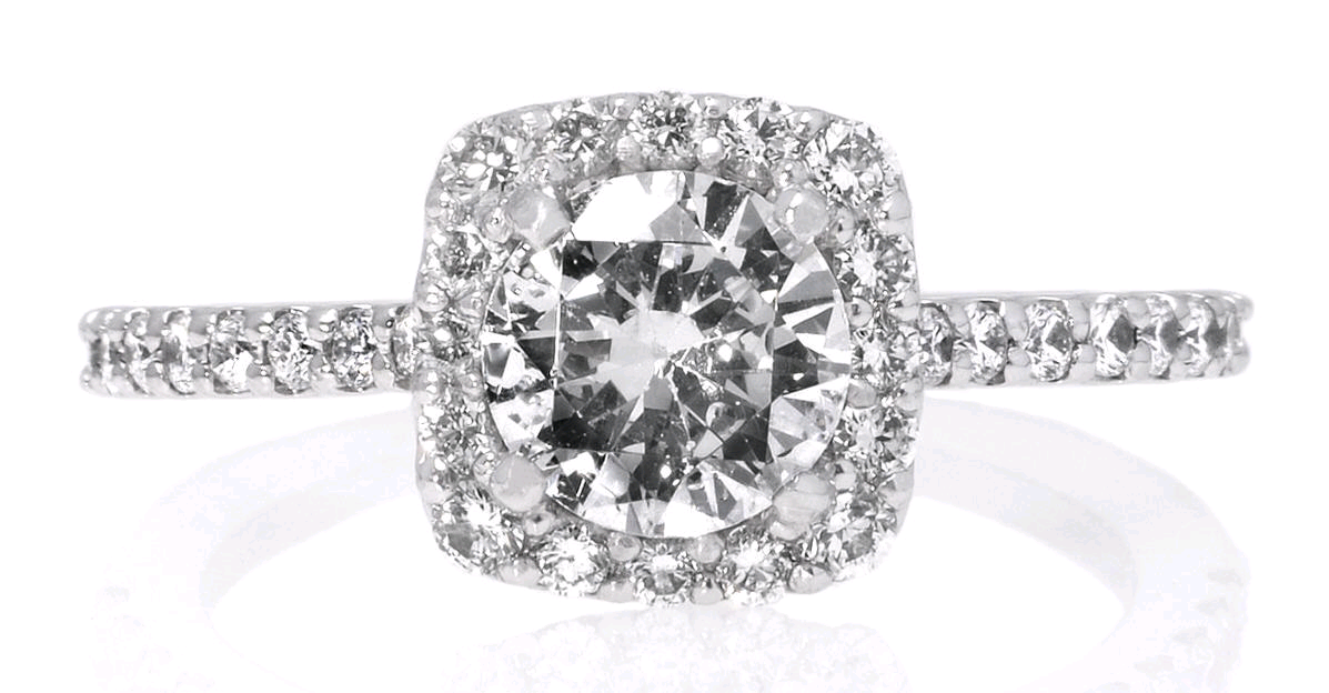 French-Set Square Halo Diamond Band Engagement Ring